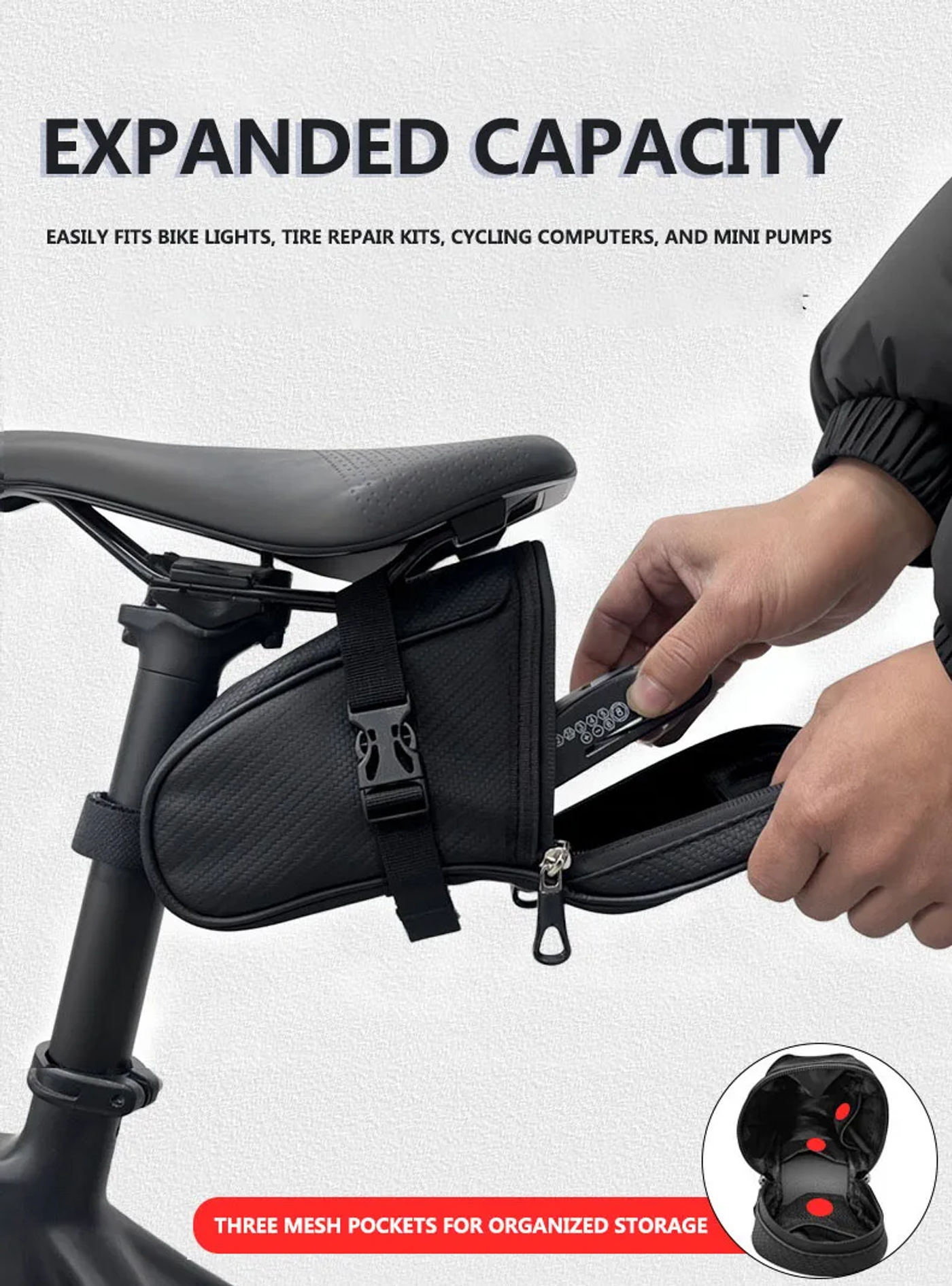 Description Picture 5 of itemWaterproof Bicycle Saddle Bag Portable 1L MTB Rear Bag Reflective Bike Leather Storage Bag Bike Accessories