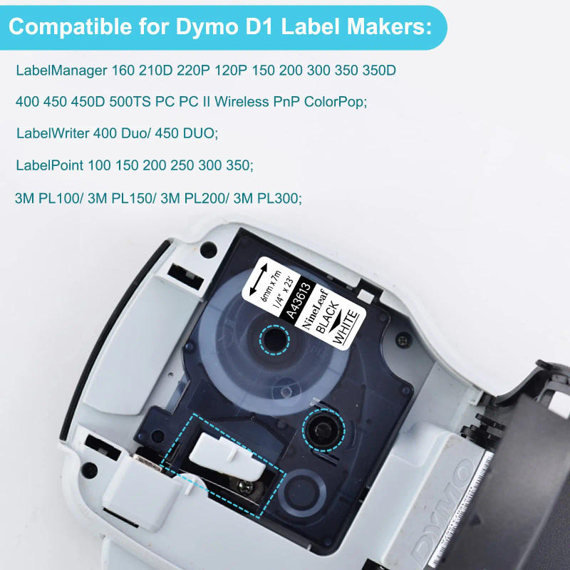 Description Picture 3 of item5PK 6mm D1 Standard Tape Labels Compatible for Dymo 43613 Black on White Laminated Labels for LabelWriter Duo 3M PL100 Printers