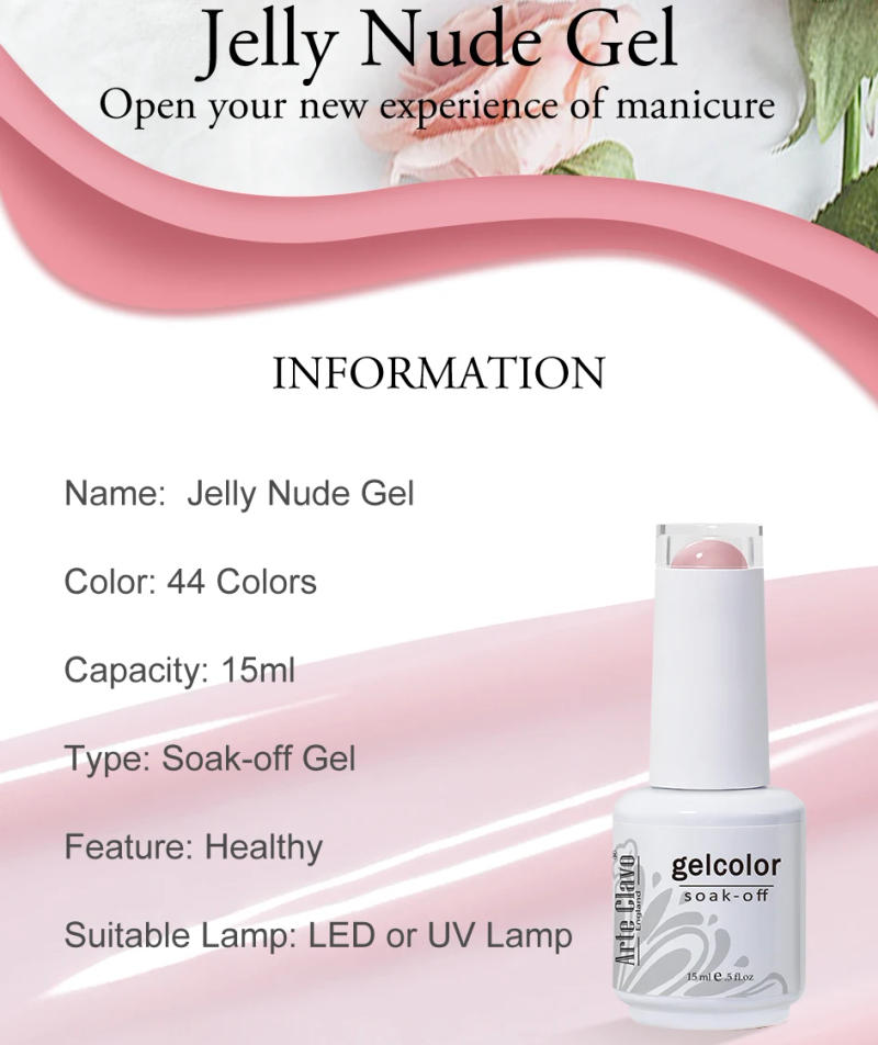 Description Picture 5 of itemArte Clavo 15ml 44 Colors Jelly Nude Gel Nail Polish Semi Transparent Summer Light Pink Peach Translucent UV Nails Art DIY Gel