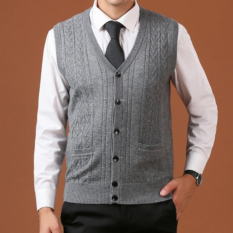 Description Picture 5 of itemMen Wool Vest Sleeveless Cardigan Knit Buttons Down Basic Sweater Thick for Autumn Winter V Neck Stripes Business Casual 00325