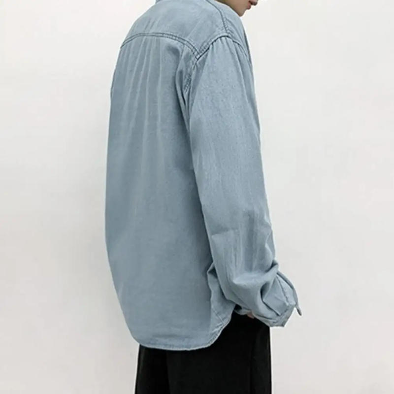 Description Picture 6 of itemMen Spring Top Men Denim Shirt Stylish Men's Denim Jacket with Turn-down Collar Chest Pocket Casual Spring Summer for School