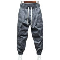 Men Harem Pants Drawstring Elastic Waist Ankle-banded Multi Pockets Loose Ankle-banded Soft Breathable Solid Clor Deep Crotch Me