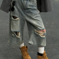 Vintage Blue Ripped Short Jeans Women Oversized Distressed Jorts Y2k Grunge Baggy Boyfriend Denim Shorts Wide Streetwear