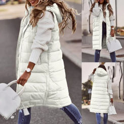 Sleeveless  Jacket Women Midi Coats Down Vest Keep Warm Elegant Black Hooded Street Hipster Lady Cotton Overcoat