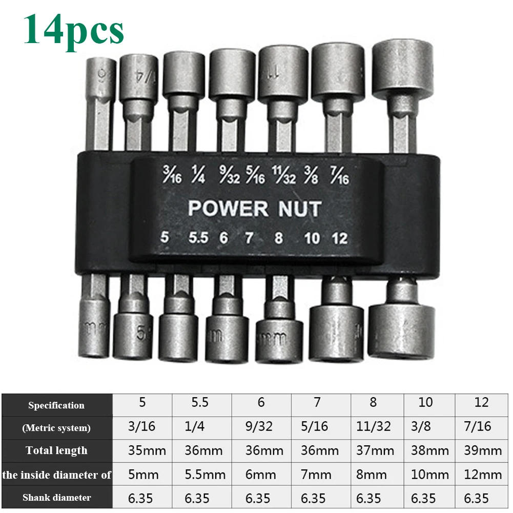 Description Picture 4 of item9/14pcs/set 5mm-13mm Hex SocketS Sleeve Nozzles Nut Driver Set Power Nuts Driver Socket Screwdriver Set Bits Sets Tools