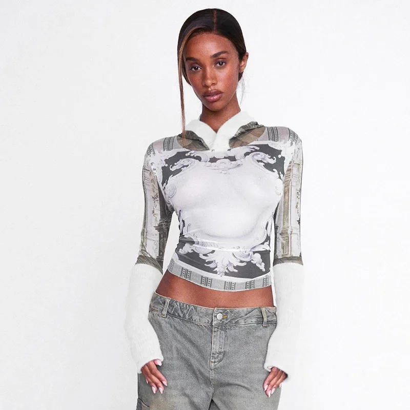 Description Picture 4 of itemLong Sleeve Graphic T Shirts For Women Slim Fit Streetwear Aesthetic Clothes Patchwork Camisetas Ropa De Mujer Hooded Crop Top