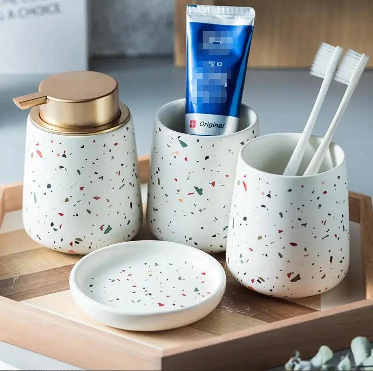 Description Picture 3 of itemEuropean Bathroom Decoration Bathroom Accessories, Terrazzo Ceramic, Emulsion Bottle, Gargle Cup, Soap Dish, Art Supplies