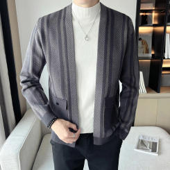 Men Cardigans Striped Color-matching Knitted Jackets Winter Warm V-neck Sweater Full-Sleeve Cardigan Jacket Slim Casual Knitwear