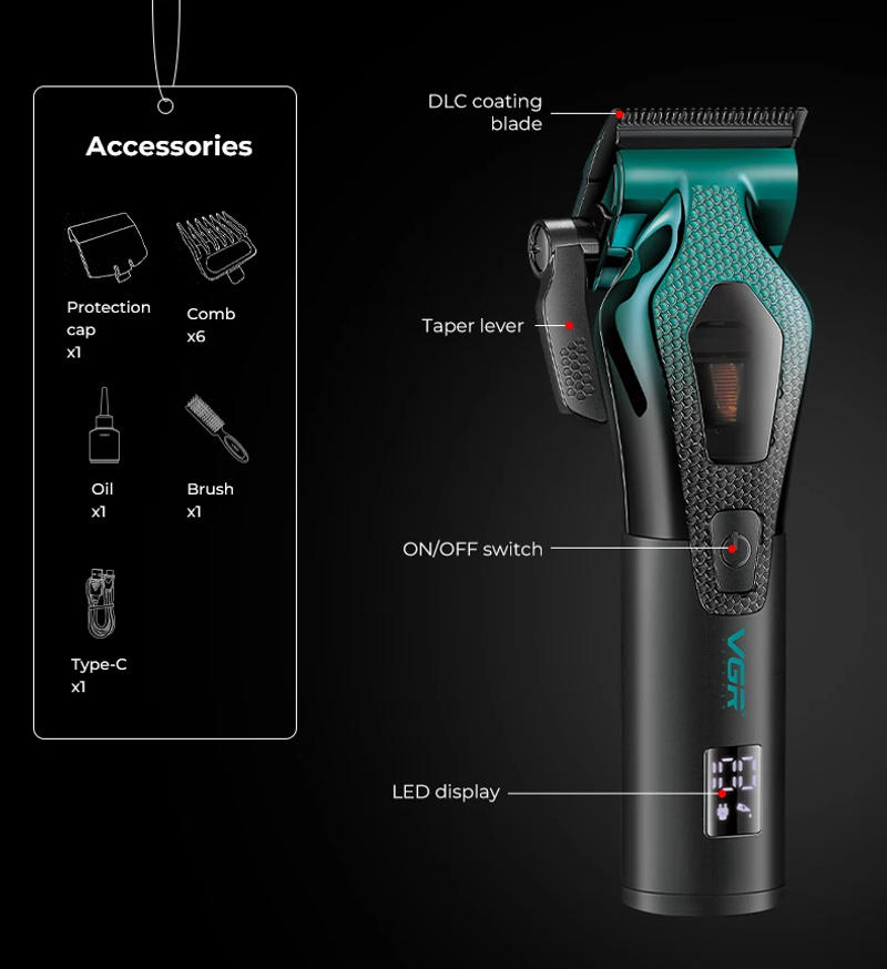 Description Picture 3 of itemVGR high-end customized electric hair clipper gradient metal shell electric push shear intelligent control hair trimmer V-271