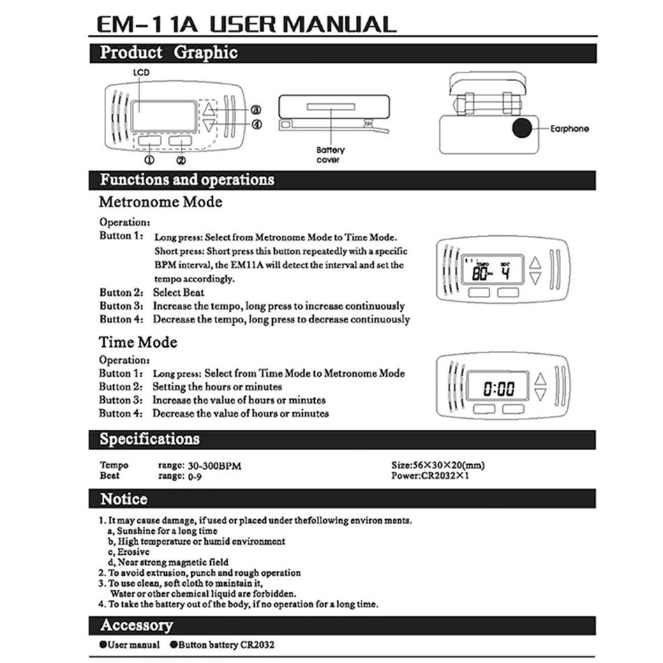 Description Picture 5 of itemENO EM-11 Clip-on Mini Electronic Guitar Metronome With Clock Function Portable Guitar Parts & Accessories