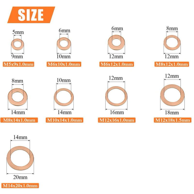 Description Picture 6 of item200Pcs Solid Pure Copper Washers M5 M6 M8 M10 M12 M14 Copper Washer Gasket Nut and Bolt Set Metric Sealing Washer Assortment Set