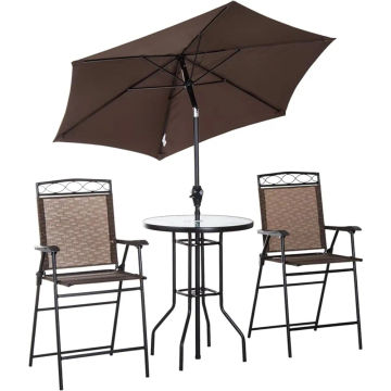 4 Piece Outdoor Patio Dining Furniture Set, 2 Folding Chairs, Adjustable Angle Umbrella, Wave Textured Glass Dinner Table