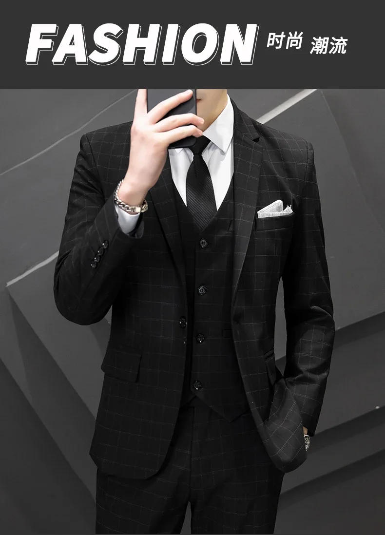 Description Picture 3 of itemMens Suits 3 Piece (blazer+ Vest +pants) Fashion Business Leisure Hosts The Korean Version of Plaid Slim Gentleman Wedding Work