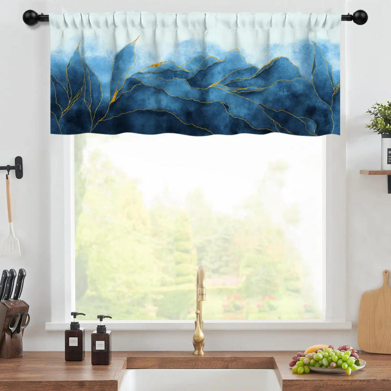 Description Picture 5 of item4 Panels Blue Watercolor Marble Valances Window Treatments Curtain Valances for Kitchen Windows/Living Room/Bathroom/Bedroom 
