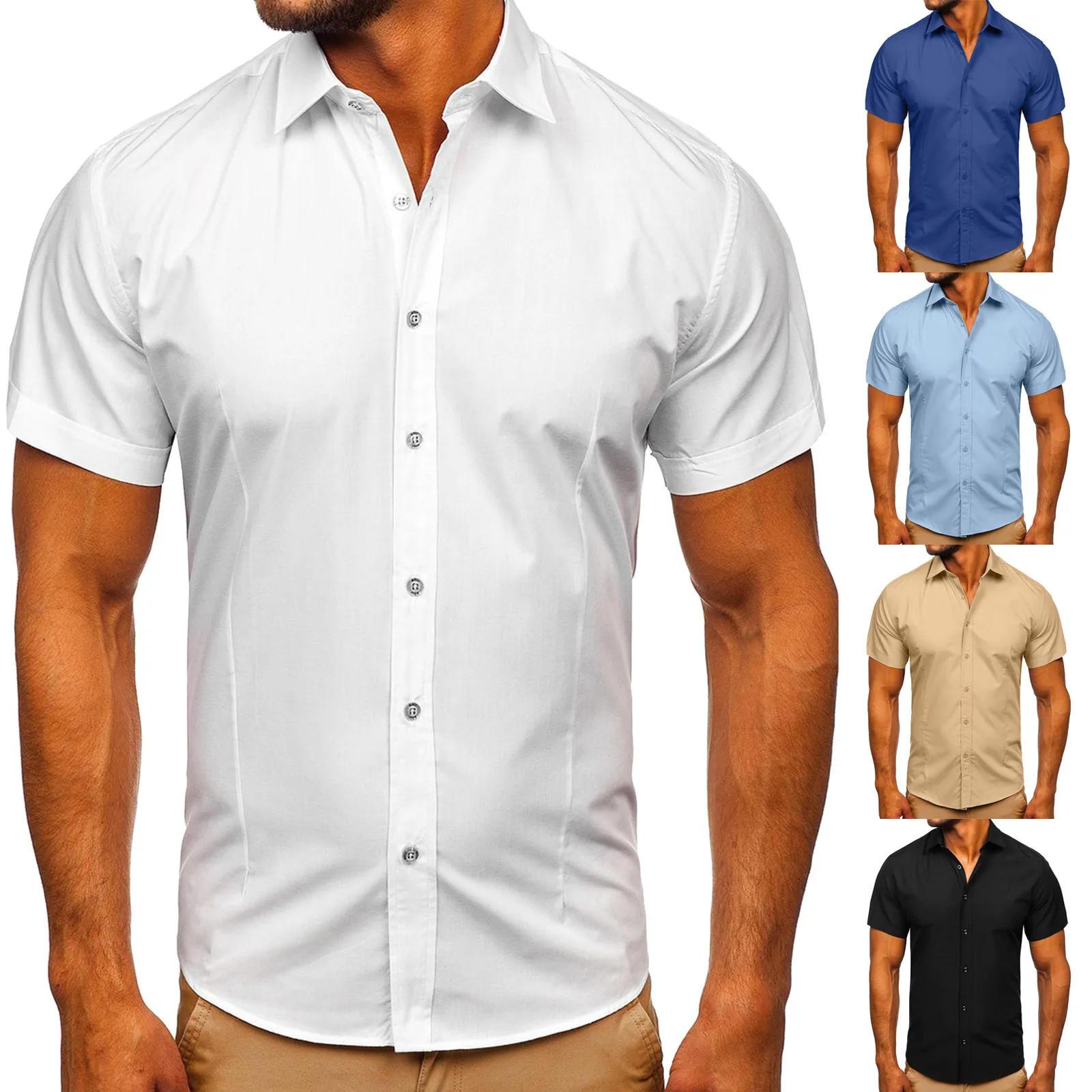 Description Picture 3 of item2024 European and American Men's Short Sleeved Shirts, New Summer Youth Business Dress, Solid Color Short Sleeved Shirts