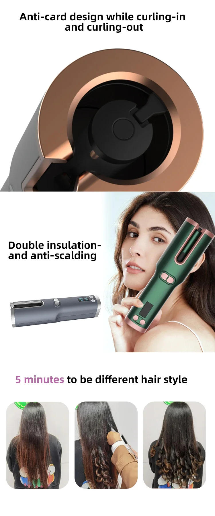 Description Picture 6 of itemHair Curling IronProfessional Wholesale USB Charging LCD Display Hair Culer Automatic Rotating Crimping Iron