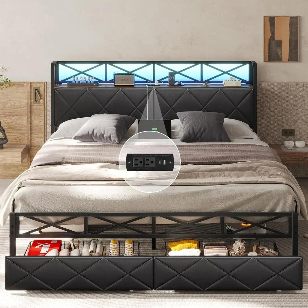 Description Picture 2 of itemCalifornia King Bed Frame with Hidden Storage, 2 Drawers, Led Lights, Charging Station, Upholstered Headboard, Bed Frame