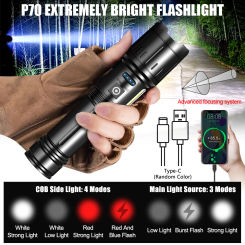 XHP70 Flashlight Portable 1500LM COB LED Flash Light Waterproof USB Rechargeable Telescopic Zoom