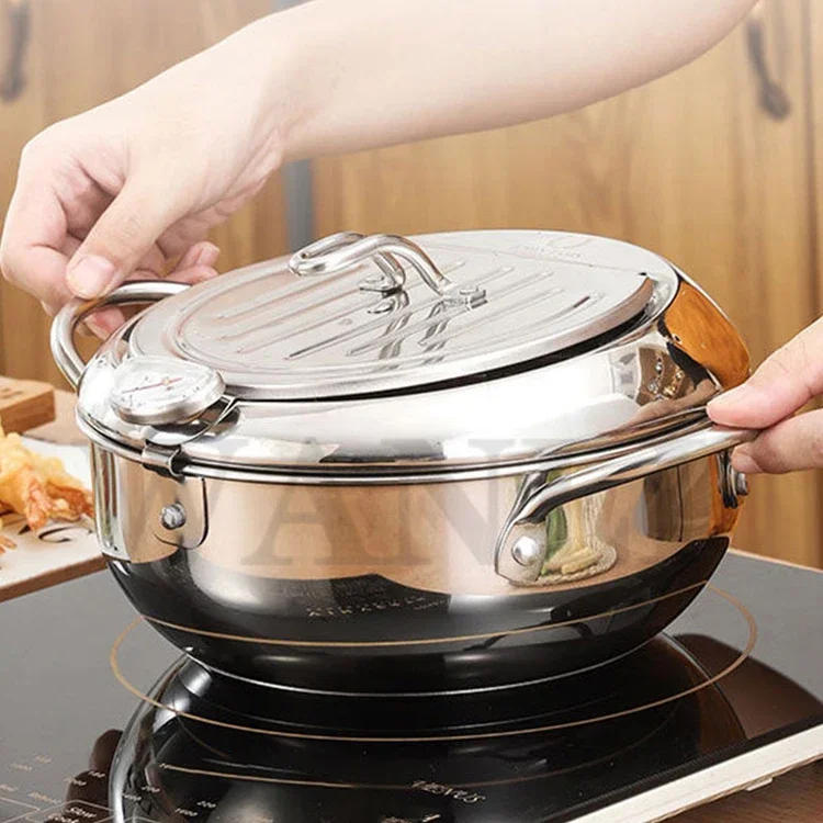 Description Picture 3 of itemHousehold Mini Induction Cooker Stainless Steel Tempura Frying Pan Temperature Control Fried Chicken Frying Pan Kitchen Tool