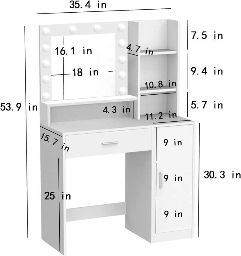 Description Picture 4 of itemPalimder Vanity Desk with Mirror & Light, Large Drawer & Three Level Storage Dresser, 3 Lighting Modes Adjustable Brightness,