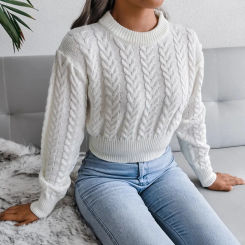 Crop Cable Knit White Sweater Long Sleeve Crew Neck Pullover Women Jumper Soft Girls Autumn Winter  Thick & Warm Knitwear