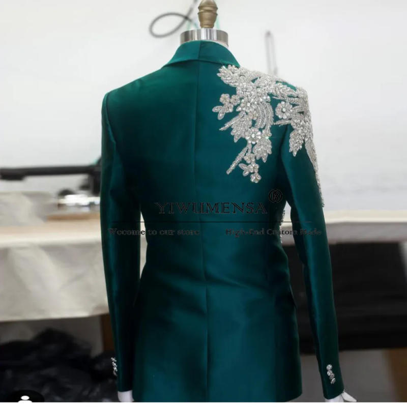 Description Picture 3 of itemMetallic Beaded Green Suits Men For Wedding Luxury Rhinestone Appliques Prom Blazer Pants 2 Pieces Groom Tuxedos Tailored Made