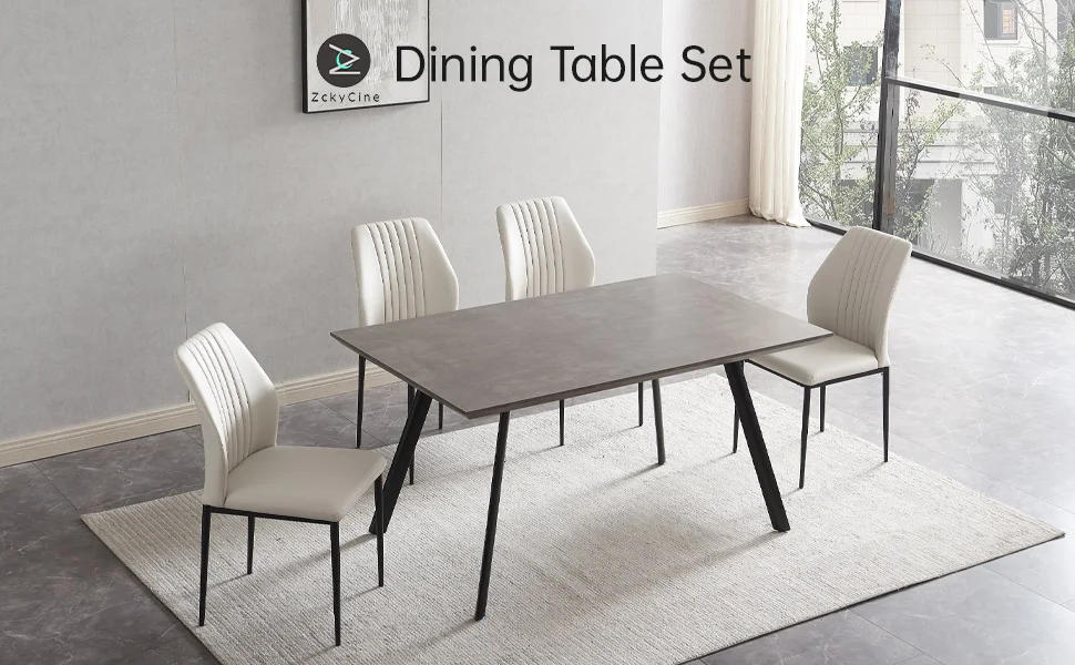 Description Picture 2 of itemZckyCine Modern 5-Piece Kitchen Table Set Rectangular Wood Dining Table with 4 Upholstered Leather Chairs (46.5" Table + 4 White