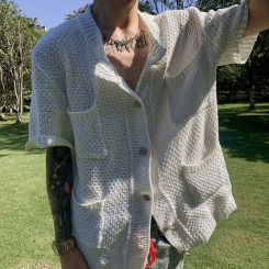 Autumn Fashionable Knitted Sweater Men's Cardigan Short Sleeve 2024 New Solid Color Simple Trendy Niche Design Thin Jacket Chic