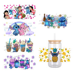 Disney Cartoon Stitch&Lilo Pattern UV DTF Transfer Sticker Waterproof Transfers Decals For 16oz Glass Cup Wrap Stickers