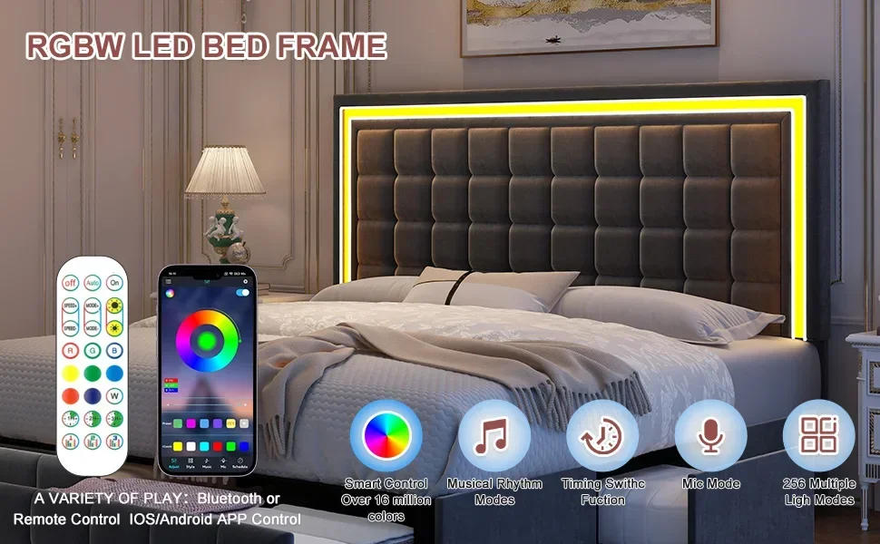 Description Picture 4 of itemLED bed frame, large with 4 drawers, adjustable upholstered headboard platform bed with wooden slatted support, bed frame