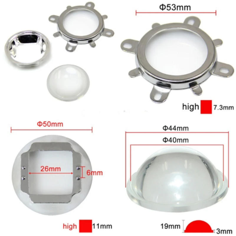 Description Picture 6 of item60 90 120 degree LED Lens Optical Glass 44mm Reflector Collimator Fixed Bracket For 20W 30W 50W 100W COB High Power COB Chip