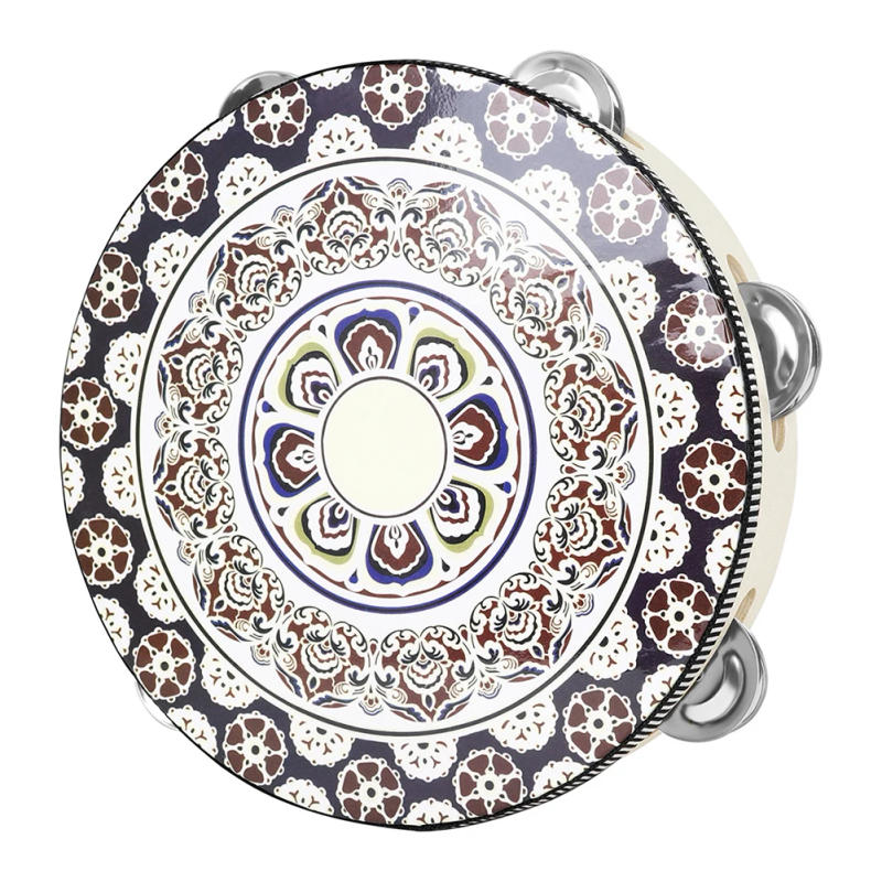 Description Picture 4 of item8 Inch Tambourine Handbell Hand Drum With Metal Jingles Ethnic Hand Held Tambourine Bell Percussion Instrument