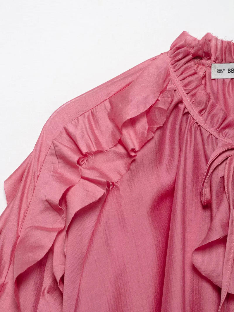 Description Picture 5 of itemDEEABAE Rose Pink Ruffled Mid Length Long Sleeved Shirt Top For Vacation Wear Transparent Layered Sun Protection Big Shirt