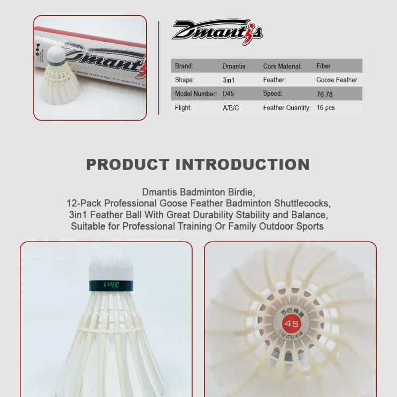 Description Picture 4 of item12Pcs Dmantis D45 3in1 Training Goose Feather Shuttlecocks Birdies Hybird Shuttlecock Badminton Balls Indoor Outdoor Sports