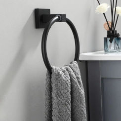 Black Stainless Steel Hand Towel Ring Wall Mounted Easy Installation Towel Racks Square Base Towel Holder Home