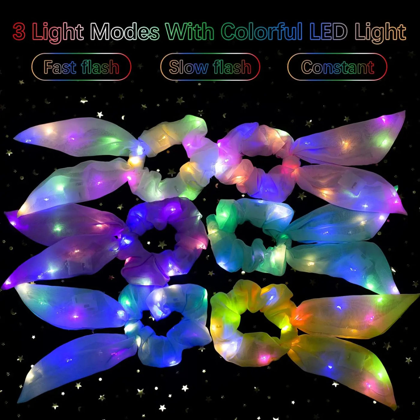 Description Picture 6 of item5pcs LED Light Up Rabbit Bunny Ear Scrunchie Ponytail Holders 3 Light Modes Glow in The Dark Neon Party Supplies for Girl Women