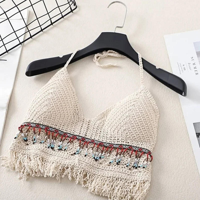 Description Picture 6 of itemSexy Hollow Out Underwear Women Summer Beach Short Tank Top Women Sweet Knitted Bra Tassel Women Short Top Debardeur Femme