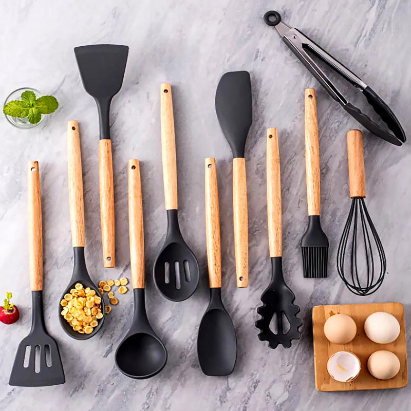 Description Picture 5 of item12Pcs Wooden Handle Silicone Kitchen Utensils Silicone Kitchen Utensils Non-stick Pan Cooking Spatula Baking Storage Tool