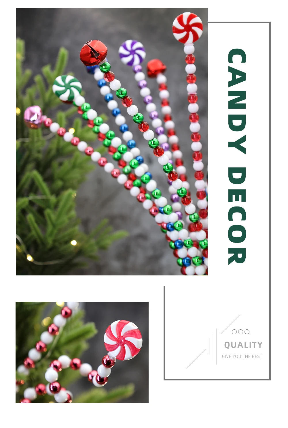 Description Picture 4 of item24/36/50pcs Curly Candy Christmas Ornaments Red White Picks Bells Lollipops for Xmas Tree Topper Decor Home Crafts Party Navidad