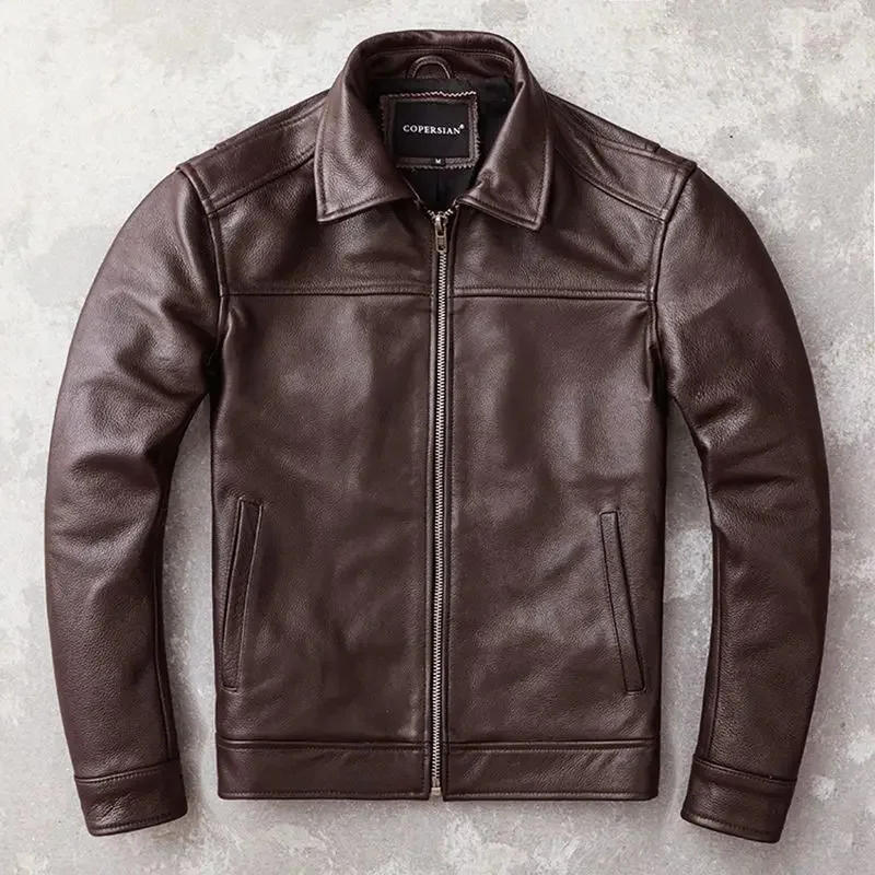 Description Picture 4 of itemFree Shipping Men's Real Cowhide Genuine Leather Jacket Lapel Deep Brown Business Casual Spring Autumn Soft Coat Man New