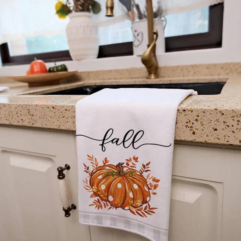 Description Picture 6 of item2PCS Fall Kitchen Towels Set Of 2 Orange Pumpkin Grey Check Towels Autumn Dish Towels Drying Dishcloth Farmhouse Home Decor