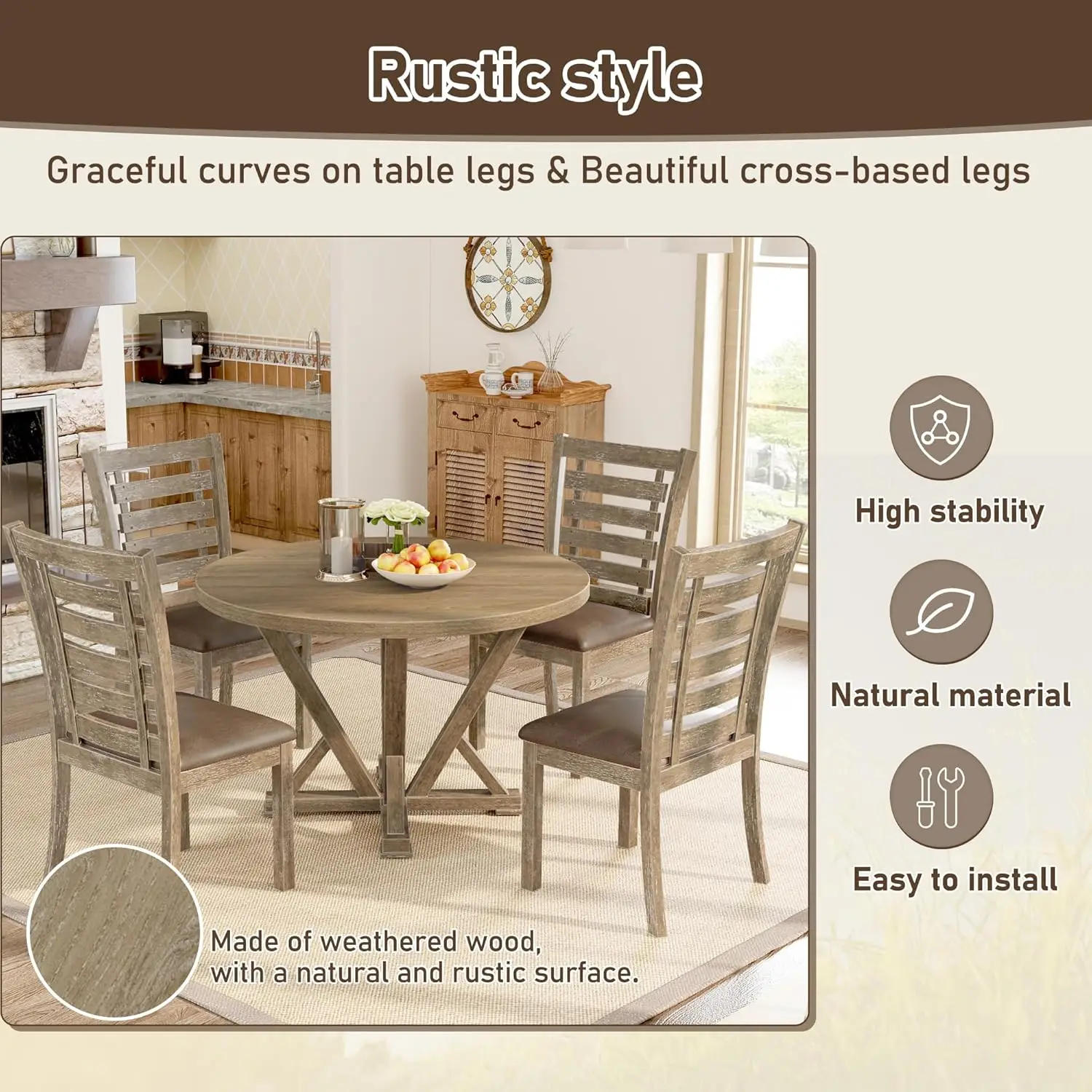 Description Picture 5 of itemDining Tables, 5 Piece Round Farmhouse Dinings Table Set, Rustic Solid Wood Kitchen Dinings Room Table, Dining Tables