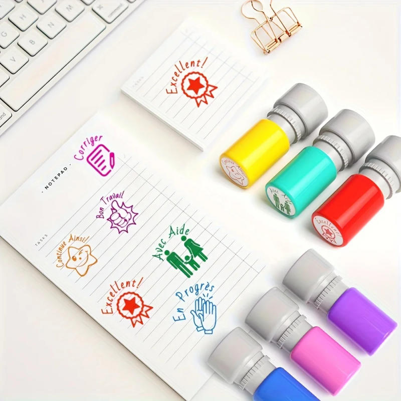 Description Picture 5 of item6pcs Color Stamps With Tray, Classroom Grading Seal Homework Signature Teacher Seal