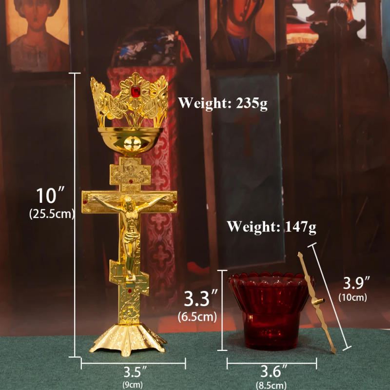 Description Picture 2 of itemHTISOK Orthodox Oil Lamp, Orthodox Vigil Oil Lamp, Crucifix Red Glass Cup Wick holder, Home Altar Prayer Light, Church Decor