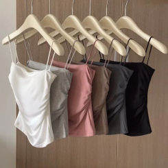 Solid All-Match Pleat Sling Vest Strap Chest Pad Inner Wear Slim Fit Slimming Short Gyaru Outer Wear Top
