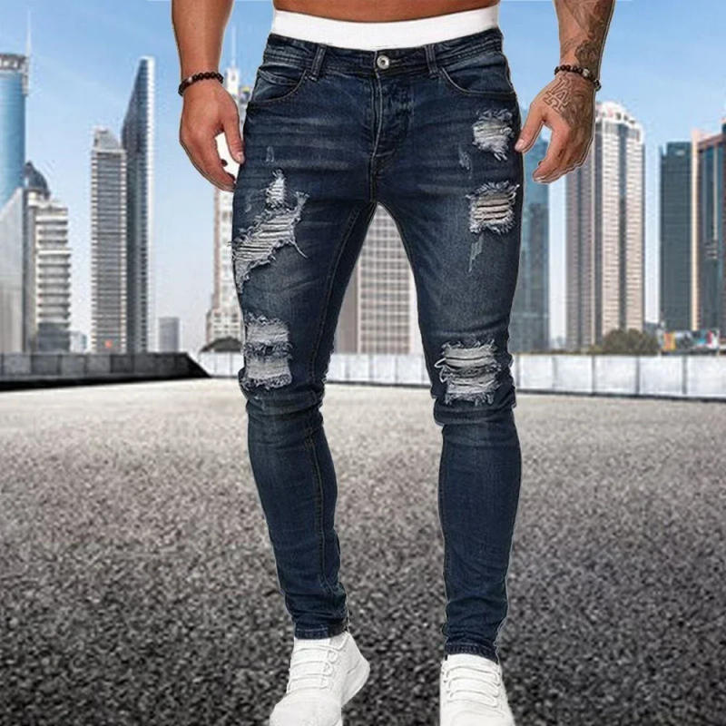 Description Picture 4 of item2024 New Retro Ripped Pencil Small Foot Skinny Jeans for Men Motorcycle Streetwear Stretch Straight Casual Slim Jeans Male