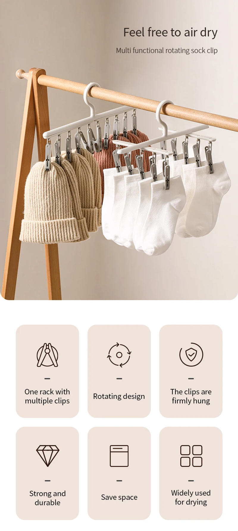 Description Picture 3 of itemFaSoLa Socks Drying Rack with 10 Clips, Multi-Function Dormitory Student Home Balcony Drying Clips, Underwear Drying Clips