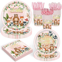 10pcs Forest Animal Disposable Tableware Pink Flower Cartoon Bear Fox Paper Plate Napkins Cups Happy Girls Birthday Party Decor