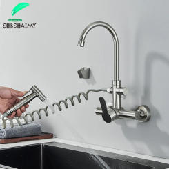 Brushed Nickel 304 stainless steel Kitchen Sink Faucet With Spray Gun Bidet Sink Crane Tap Long Spout Mixer Taps Wall Mounted