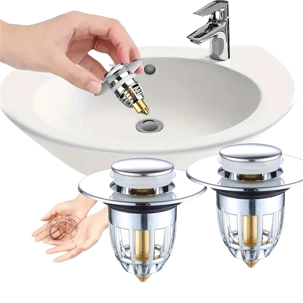 Description Picture 2 of itemUniversal Rebound Drain Plug Filter Basin Pop-up Chrome Sink Filter with Hair Catcher Bathroom Sink Drain Stopper Easy Push Type